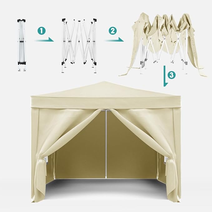 10'x10' Folding Canopy with 4 Removable Sidewalls Outdoor Event Shelter UPF 50+ Gazebo Portable Tents for Parties Beach Camping Wedding EZ Pop Up Canopy Weight Bag + Carry Bag (Beige)