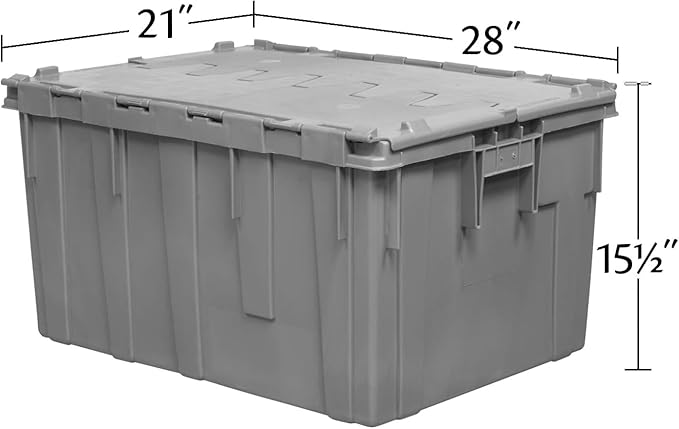 Buckhorn Industrial Lidded Plastic Storage Container Nesting and Stackable Plastic Storage Box with Lid Attached Organization Tote for Transport and Warehouse 27 Gallon Capacity 28x21x15 Gray