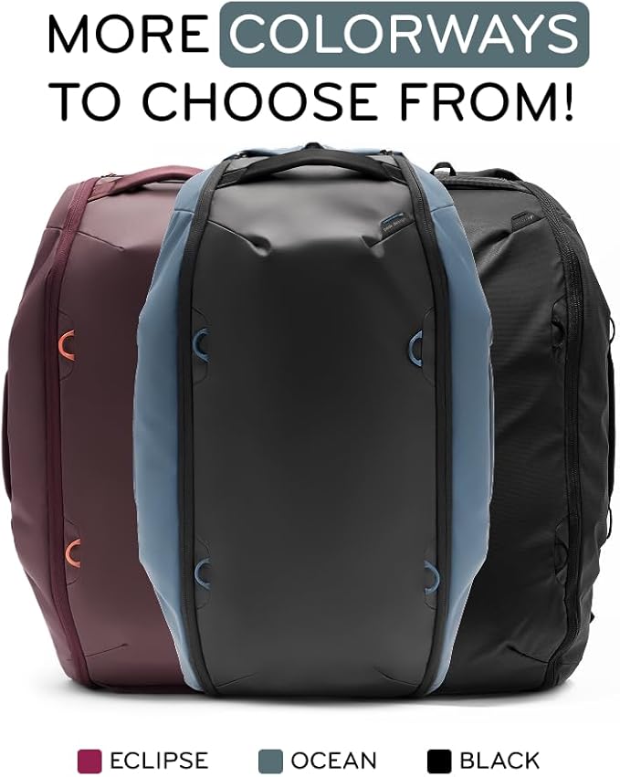 Peak Design Travel Duffelpack 45-65L Eclipse Weatherproof Duffel Backpack Expandable Extra-Long Zip Stowable Straps Fits Packing &amp Camera Cubes Versatile Bag for Travel &amp Adventure