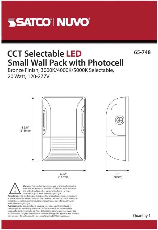 Nuvo 65/748 20W Outdoor LED Small Wall Pack Dusk to Dawn CCT-Selectable 3000K/4000K/5000K Bronze