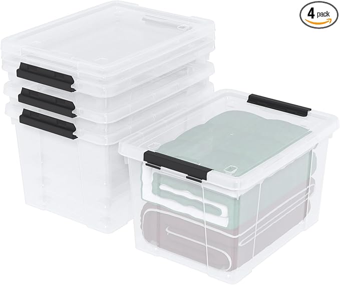 Sandmovie 40 Quart Clear Large Plastic Storage Bin Latching Storage Box with Lids and Wheels Pack of 4