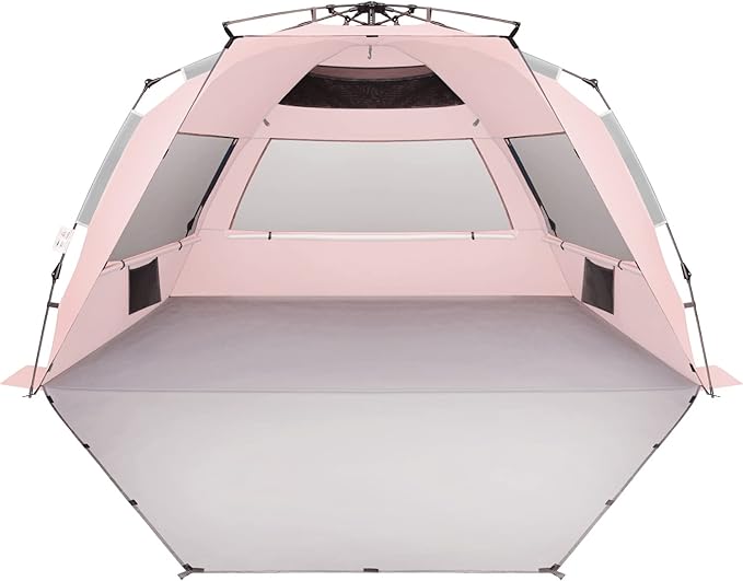 Oileus XX-Large Pop Up Beach Tent Sun Shelter for 5-6 Person Portable Sun Shade Instant Tent for Beach with Carrying Bag Stakes 6 Sand Pockets Anti UV for Fishing Hiking Camping Pink