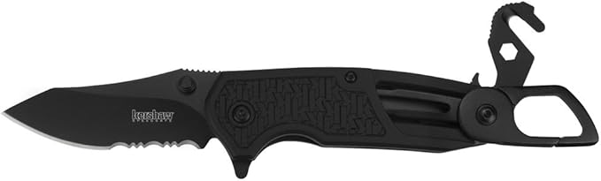 Kershaw Funxion EMT (8100) Multifunction Folding Pocketknife 3 inch Partially Serrated Stainless Steel Blade Carabiner Clip Cord Cutter Screwdriver Tip Hex Wrench Glassbreaker Tip  Black