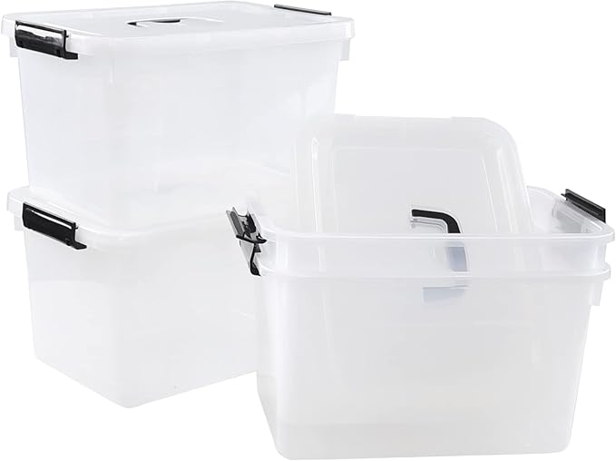 Zopnny 4-Pack Clear Storage Latch Box/Bins Plastic Stackable Latching Box with Brown Handle and Lid Multi-Purpose 10 Litre