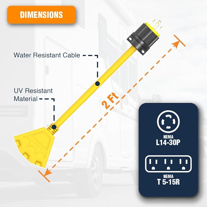 L5-30L14-30 or TT-30 to Triple 5-15R Generator Power Cord Adapter by Journeyman Pro | 30A to 15A/110V 3-Way Splitter | 3-Prong RV Distribution Cords (2'FT L1430P to Triple 5-15R)