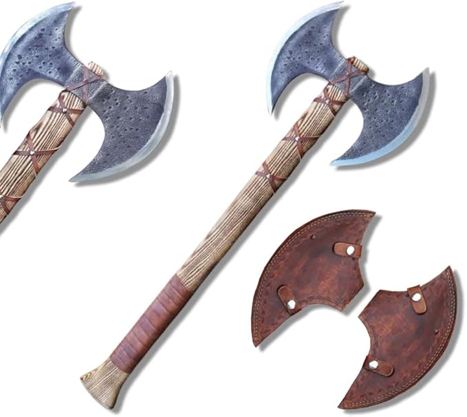 Hand Forged Carbon Steel Medieval Warrior Double Head Axe Viking Double Sided Axe with Ash Wood Handle and Leather Sheath Best for Hunting Camping and Collection