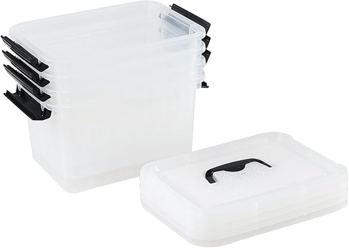 4-Pack 5 L Plastic Storage Bins with Lids and Black Handle Clear Storage Container Latch Boxes
