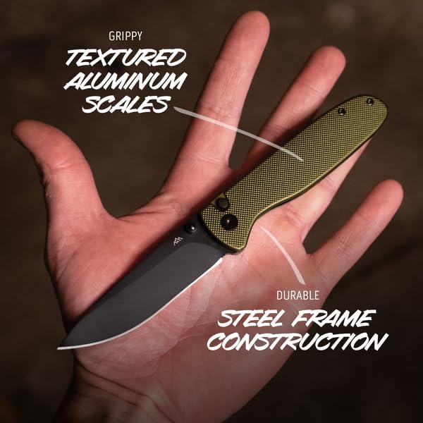 OUTDOOR EDGE Dirk 3.25 Black Drop Point Blade - Green Aluminium Scales Handle with Button Lock Operation Ambidextrous Opening Perfect for Men &amp Women Lightweight for Camping Fishing &amp Hunt