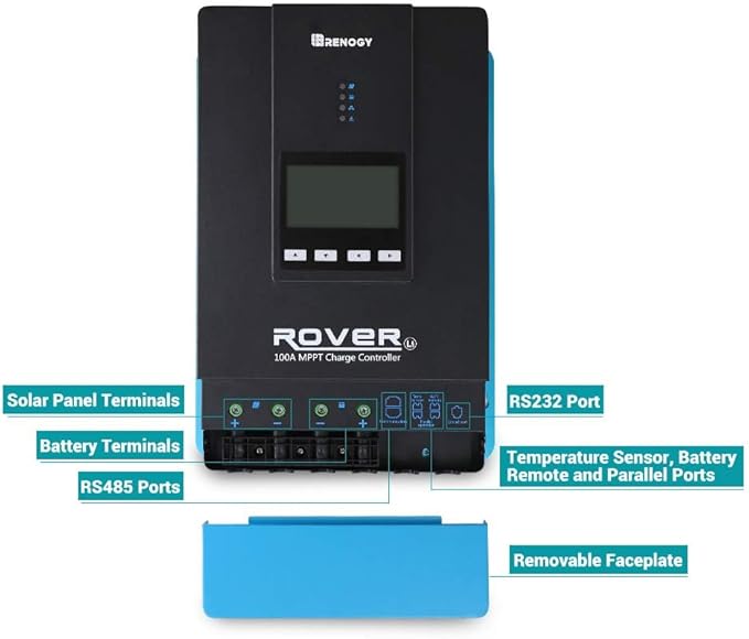 Rover 100A MPPT Solar Charge Controller - DC Input Solar Controller for RV/Marine Auto-Detect 12V/24V/36V/48V LCD Display Solar Regulator fit for Gel Sealed Flooded and Lithium Battery