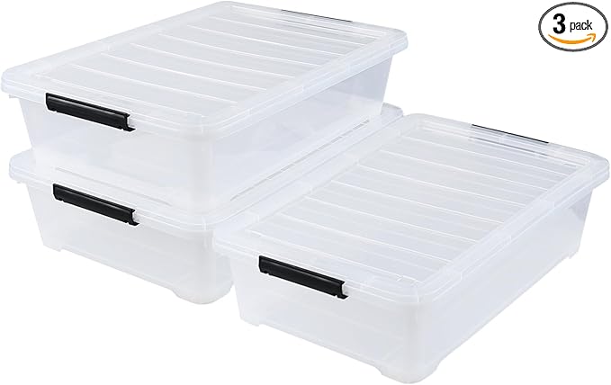 40 Quart Plastic Underbed Storage Box Large Clear Shallow Box with Wheels Set of 3