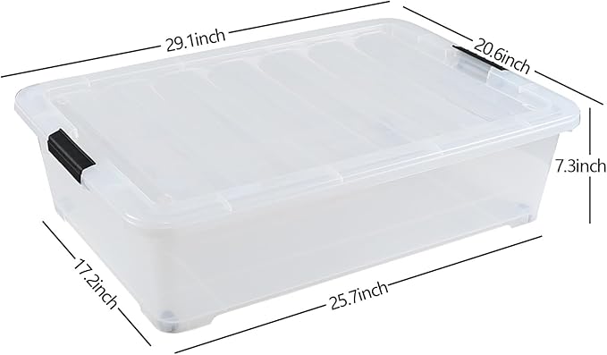 Gloreen 3 Pack Large Under Bed Storage Boxes with Wheels 50 Quart Clear Plastic Lidded Storage Bins