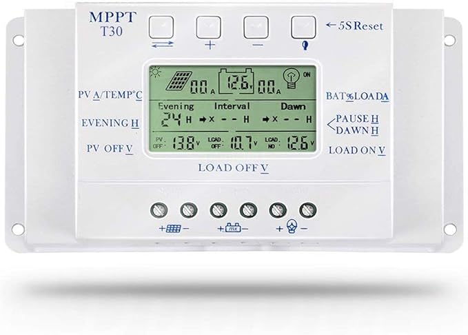 30A Solar Charge Controller 30 amp Solar Panel Regulator with Load Timer 12V 24V Auto with LCD Display USB 5V 1500mA and Usd for Control Landscape Lights and Water Features