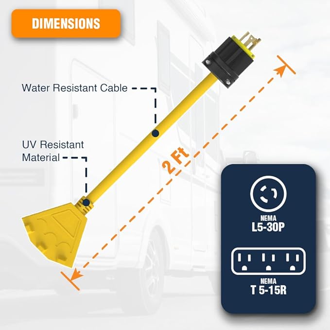 L5-30 to Triple 5-15R Generator Power Cord Adapter by Journeyman Pro | 30A to 15A/110V 3-Way Splitter | 3-Prong Distribution Cords (2'FT L530P to Triple 5-15R)