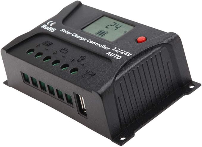 HQST 20Amp 12V/24V PWM Solar Charge Controller Regulator with LCD Display USB-A Port Compatible with Sealed Flooded Lead-Acid Batteries