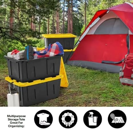27 Gallon Heavy Duty Storage Tote with Lid Black and Yellow reusable made with heavy-duty recycled plastic