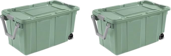 Storage Bin 40 Gallon 160 Qt Plastic Rolling Stacker Storage Box Wheeled Industrial Tote Tough Lidded Stackable Storage Container for HomeGarage and Camping Green Sage Base and Lid 2-pack