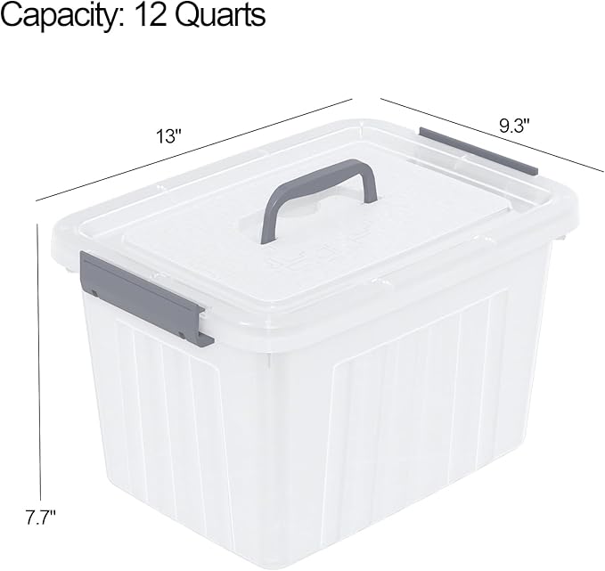 12 Quart Clear Plastic Box with Lid Latching Container with Handle 6 Packs