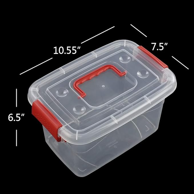 5 L Plastic Storage Bin with Lid Clear Transparent Box With Red Handles Set of 6