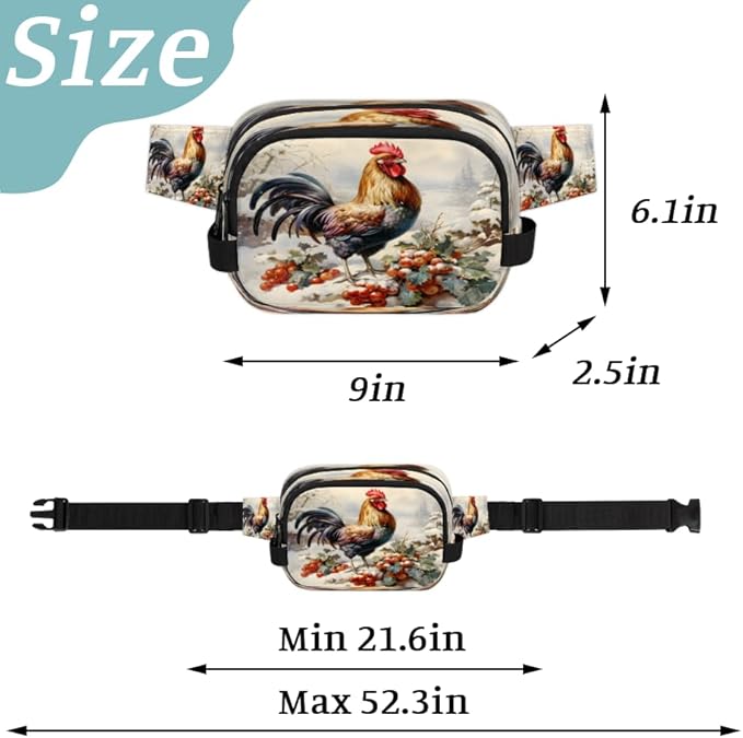 Rooster Berry Snow Waterproof Fanny Pack for Women Men Adjustable Waist Bag with Double Zipper Pockets Lightweight Square Hip Pack for Running Travel Hiking Workout Cycling