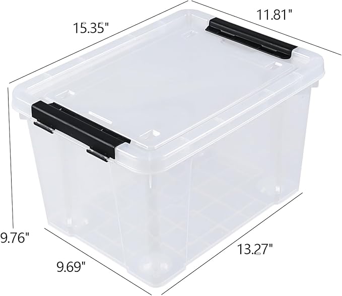 Morcte 23 L Plastic Clear Storage Bin with Lids and Latching Buckles 4-Pack Stackable Clear Storage Box with Wheels