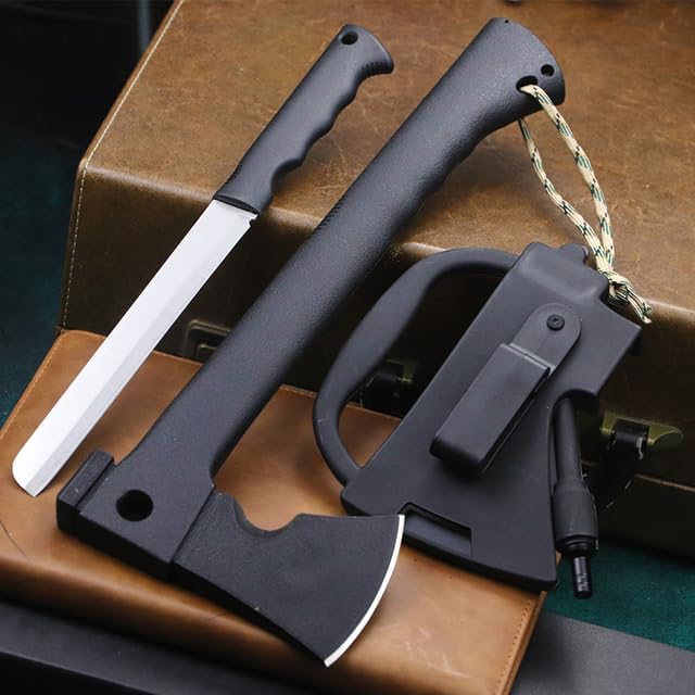 Camping Axe 14 inch hatchet Outdoor Survival Challenge Hiking Tactical Axe Throwing Axe Multi-Function Rope Cutter Saw Hammer (Axe with knife) Black