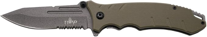 THIRD Assisted Folding Knife K2778TNS Camel G10 Handle 7Cr17MoV Stainless Steel Blade Titanium Plated Gun Grey 9.5 cm Blade with Saw Sheath.