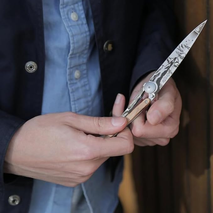 deejo - 37G Folding Pocket Knife with Belt Clip - Climbing Design 3.7-Inch Stainless Steel Blade Juniper Wood Handle - Lightweight Everyday Carry for Home Work and Outdoor Use