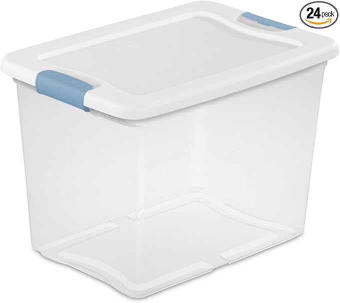Sterilite 24-Pack Latching Box Under Bed Storage Bins with Lids Clear Plastic 25 Quart - Heavy-Duty Organizing Containers for Closet Bathroom and Office