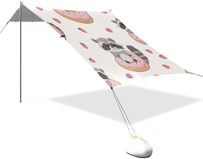 ALAZA Cute Raccoons Donut Strawberry Beach Tent Sun Shelter Portable Canopy Sunshade for Outdoor Camping Picnics Backyard Fun 10x9 ft