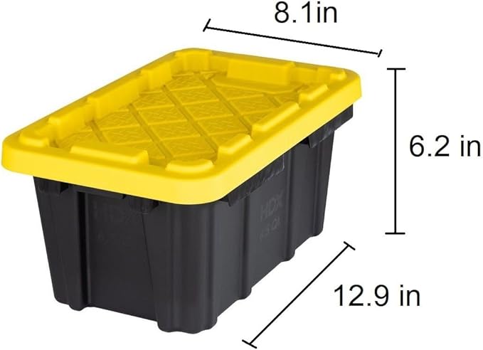 6.5 Quart (1.6 Gallon) Small Tough Storage Tote with Yellow Snap Lid Black Stackable &amp Nestable Heavy-Duty Plastic Organizing Bins 4-Pack