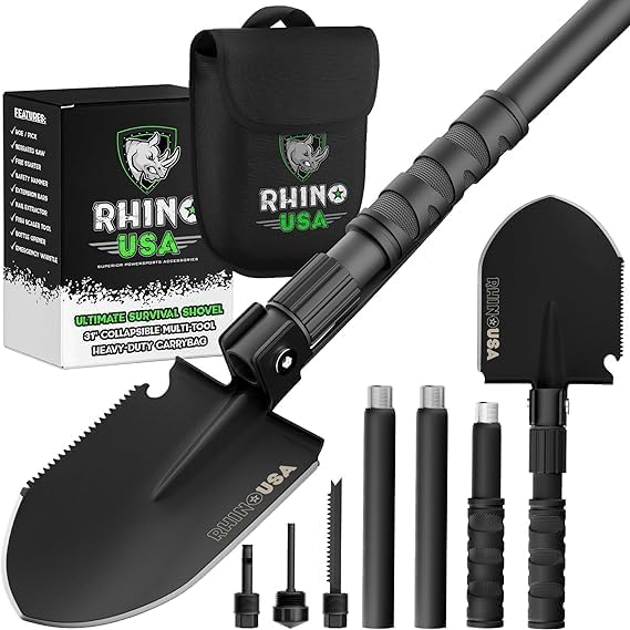 Rhino USA Survival Shovel w/Pick - Heavy Duty Carbon Steel Military Style Entrenching Tool for Off Road Camping Gardening Beach Digging Dirt Sand Mud &amp Snow. (Survival Shovel)
