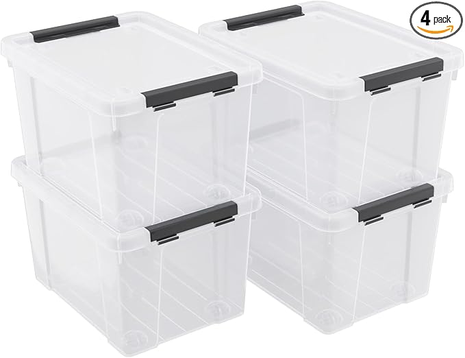 4 Pack 22 Quart Plastic Storage Box with Wheels Clear Storage Latch Box