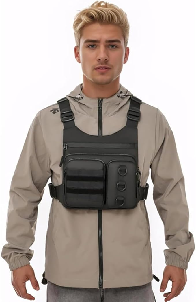 Tactical-style multifunctional chest pack with built-in phone holder EDC Rig Pouch vest for fitness running and cycling. (gray ONE SIZE)