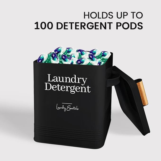 Simplation Modern Farmhouse Laundry Detergent Container for Laundry Room Decor and Accessories Metal Laundry Pods Container Laundry Powder Holder for Laundry Room Organization (Black)