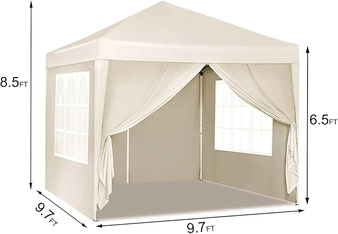10'x10' Folding Canopy with 4 Removable Sidewalls Outdoor Event Shelter UPF 50+ Gazebo Portable Tents for Parties Beach Camping Wedding EZ Pop Up Canopy Weight Bag + Carry Bag (Beige)