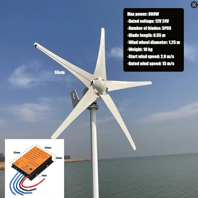 800W Wind Turbine 5 Blades 12V / 24V / 48V with MPPT Charge Controller for Home Boat Farm (24 Volts)