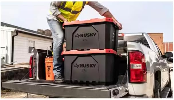 *Husky* 27 Gallon Pro Grip Storage Tote Heavy Duty Container with Red Lid and Black Base Stackable Utility Box