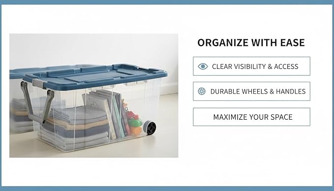 160 Quart Extra Large Clear Rolling Storage Bins 2-Pack Blue Heavy-Duty Plastic with Locking Leakproof Lid for Garage Basement Seasonal Storage &amp Transport
