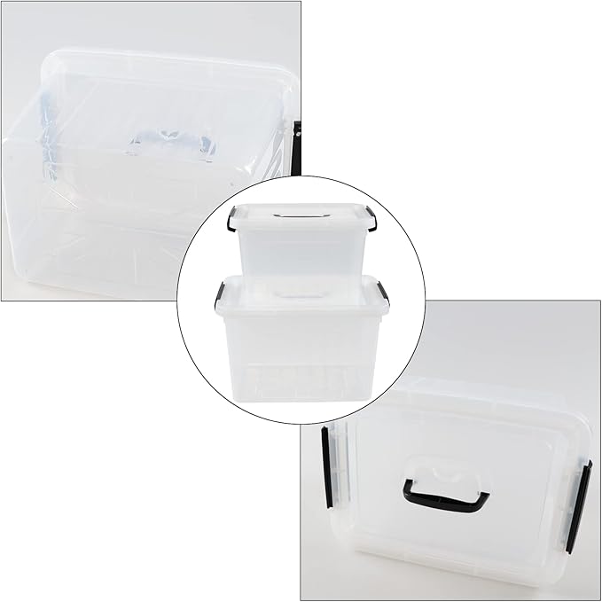Saedy 12 Quart &amp 6 Quart Plastic Latching Storage Container Box with Handle 2 Pack Clear Lidded Bin