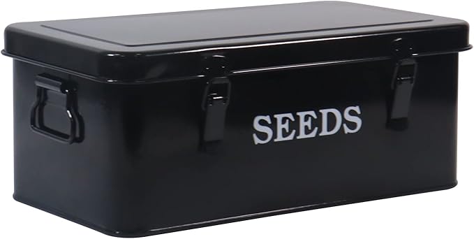 Seed Saving Box Metal Seed Bin Seed Storage Organizer Seed Packet Container with Lid Seed Envelope Storage Box 4 Compartments Garden Seed Bin with Safety Locks-Black