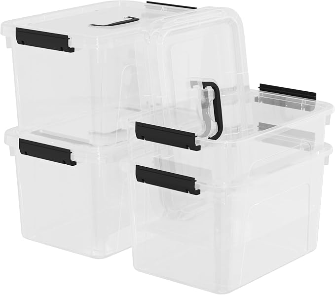4 Packs 10 QT Plastic Storage Bins with Lids Stackable Storage Containers for Organizing Clear Storage Box for Garage Closet Kitchen