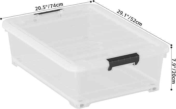 52 Quart Large Plastic Underbed Latching Storage Box Clear Wheeled Under Bed Storage Bins 3 Packs
