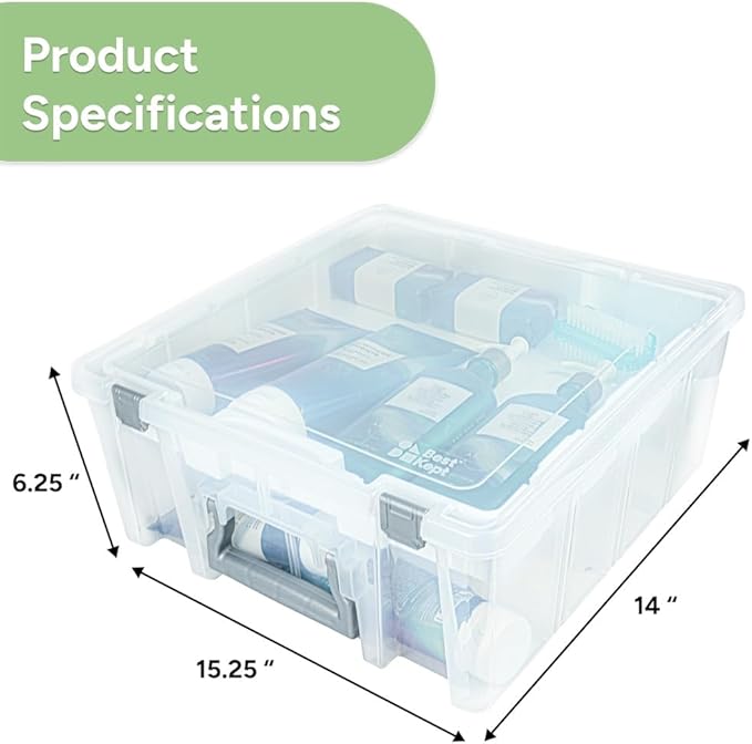 Best Kept Super Satchel Double Deep with Lift-Out Tray and Removable Dividers Stackable Home Storage Organization Container Clear with Sliver Latches and Handle