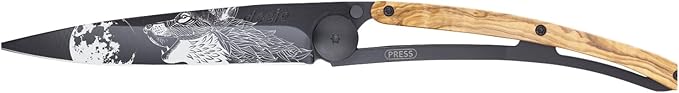 deejo - 37G Folding Pocket Knife with Belt Clip - Howling Design 3.7-Inch Stainless Steel Blade Black Titanium Finish Olive Wood Handle - Lightweight Everyday Carry for Home Work and Outdoor Use