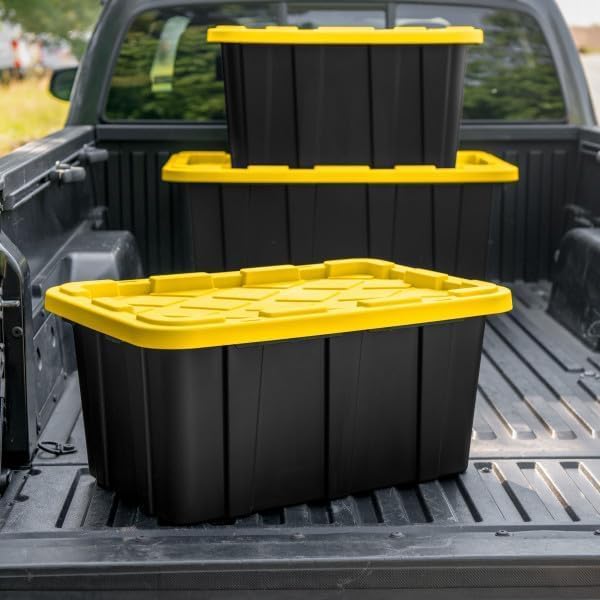 G 63 Star Lite 27 Gallon Industrial Storage Tote with Snap-Fit Lid Black Base with Yellow Lid Stackable Heavy-Duty Plastic Bins 6-Pack