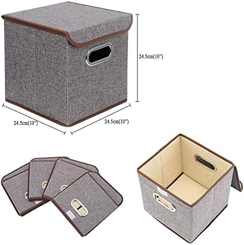 Storage Bin [Set of 4] Linen Fabric Foldable Container with Lid Collapsible Organizer Boxes Cubes - 10 x 10 x 10 Inches (Gray)
