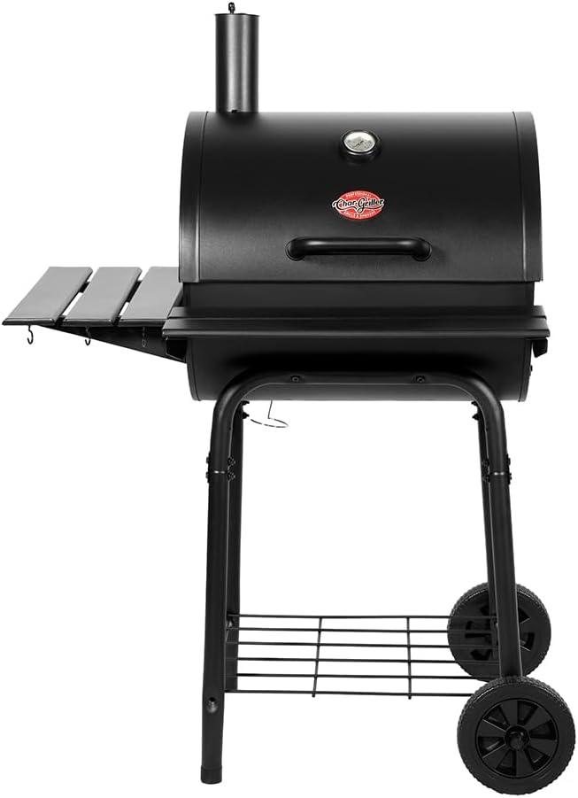 Char-Griller® Wrangler® Charcoal Grill in Black with Metal Shelves EasyDump™ Ash Pan Premium Wood Front and Side Shelves with Utensil Hooks 640 Cooking Square Inches in Black Model 2823