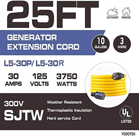 25FT Heavy Duty 3 Prong Generator Locking Power Cord NEMA L5-30P/L5-30R10 Gauge SJTW Cable 125V 30Amp Yellow Generator Lock Extension Cord with UL Listed