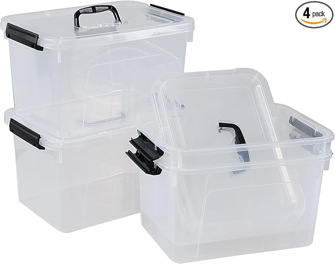 4-pack 10.5 Quarts Clear Boxes with Handles Plastic Storage Bin with Lid