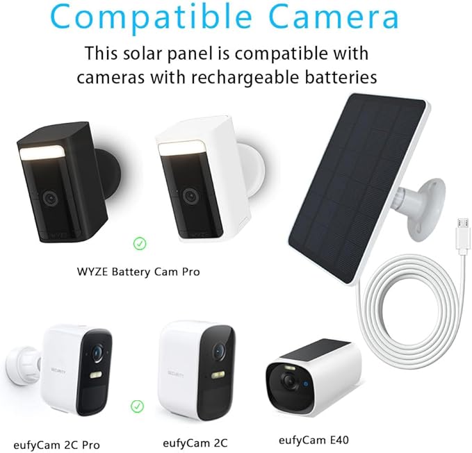 2 Pack Solar Panel Compatible with WYZE Battery Cam Pro EufyCam 2C/2C Pro 4W 5V Solar Panel with 10ft Micro USB Charging Cable for Outdoor Battery Camera Tpye C Adapter Adjustable Wall Mount